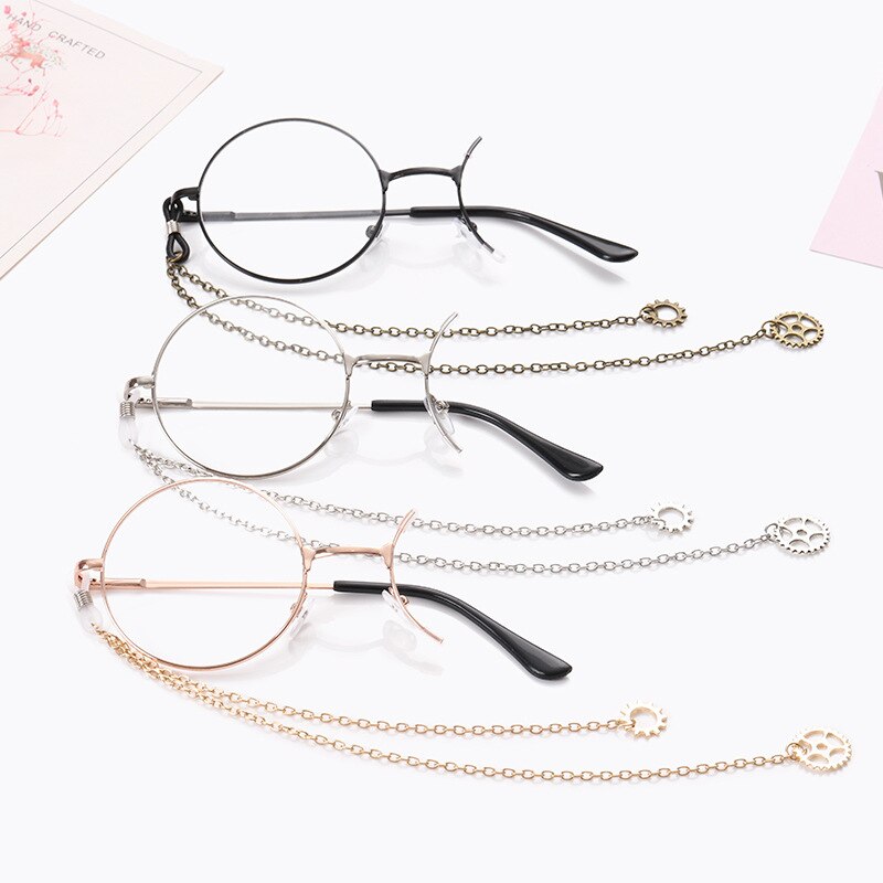 Vintage glasses with chain one eye round metal frame optical glasses steam punk style retro eyeglasses half frame