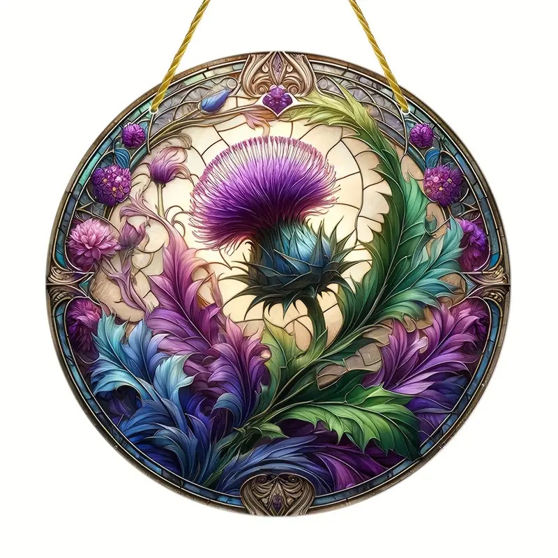Encantador atrapasol de cardo escocés en ventana redonda pintada translúcida colgante para el hogar, porche, granja, decoración de Patio: 40 x 30 cm / Rosa claro