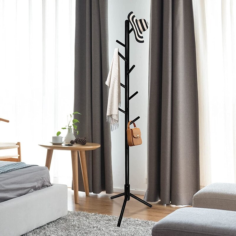 Wooden Coat Rack with Hooks, Free Standing Coat Tree Hanger Stand for Coats, Garment, Hats, in Bedroom
