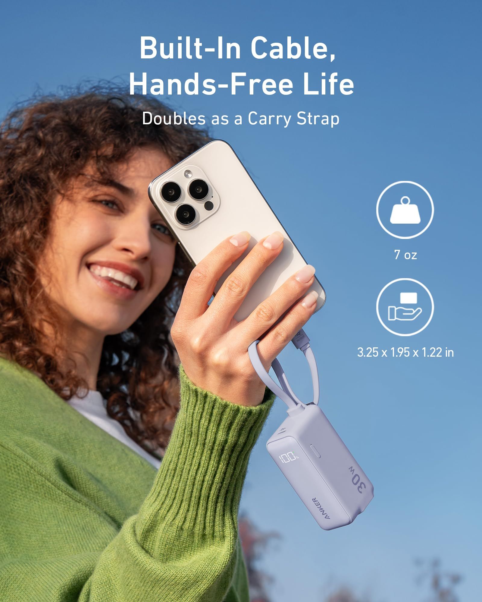 Anker Power Bank USB C Charger Block 3-in-1 5,000mAh Portable Charger with Built-in USB-C Cable and Foldable CN Plug A1636