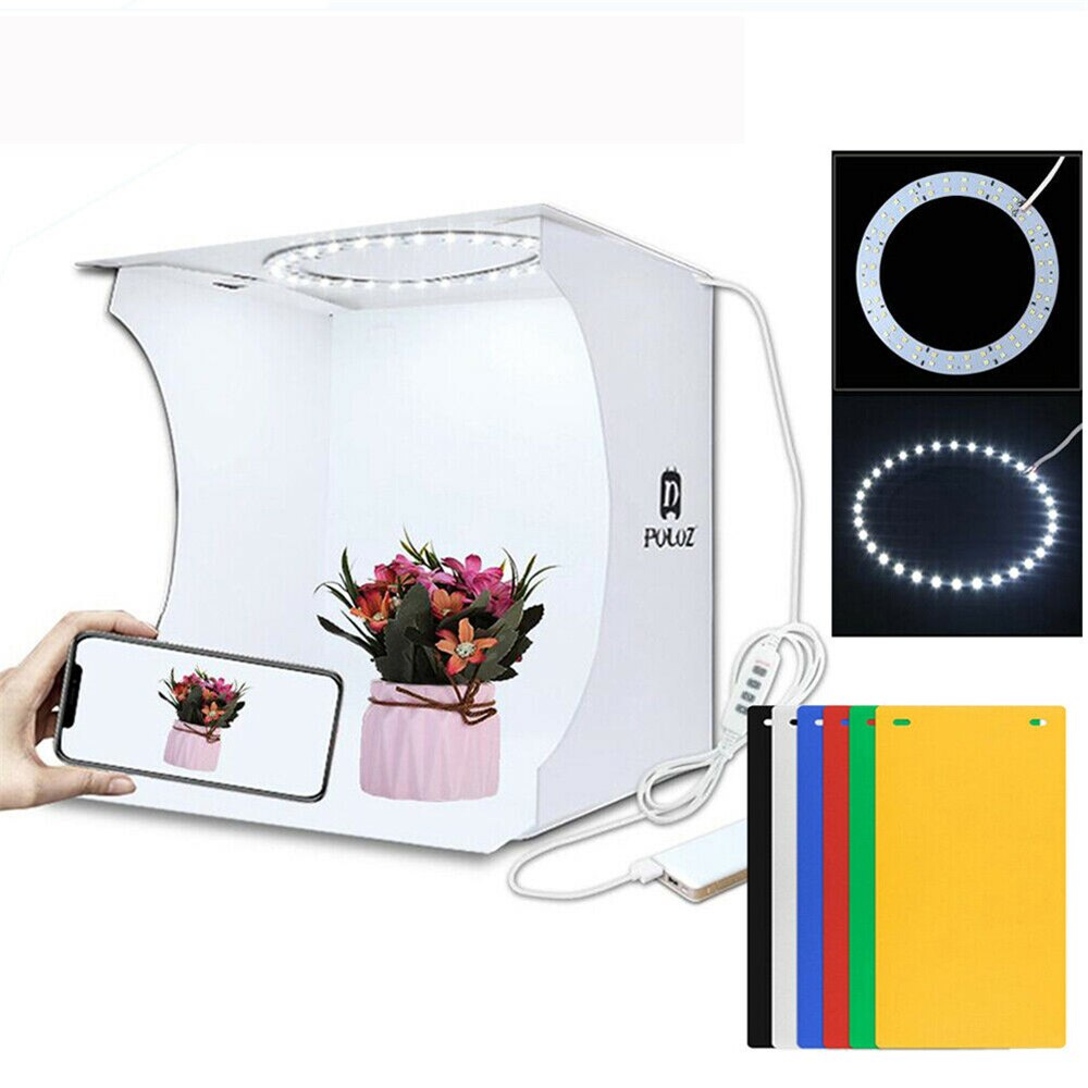 Mini 20cm LED Ring Light Room Foldable Portable Photo Studio Shooting Box Photography Light Softbox Kit with 6 Color Backdrops