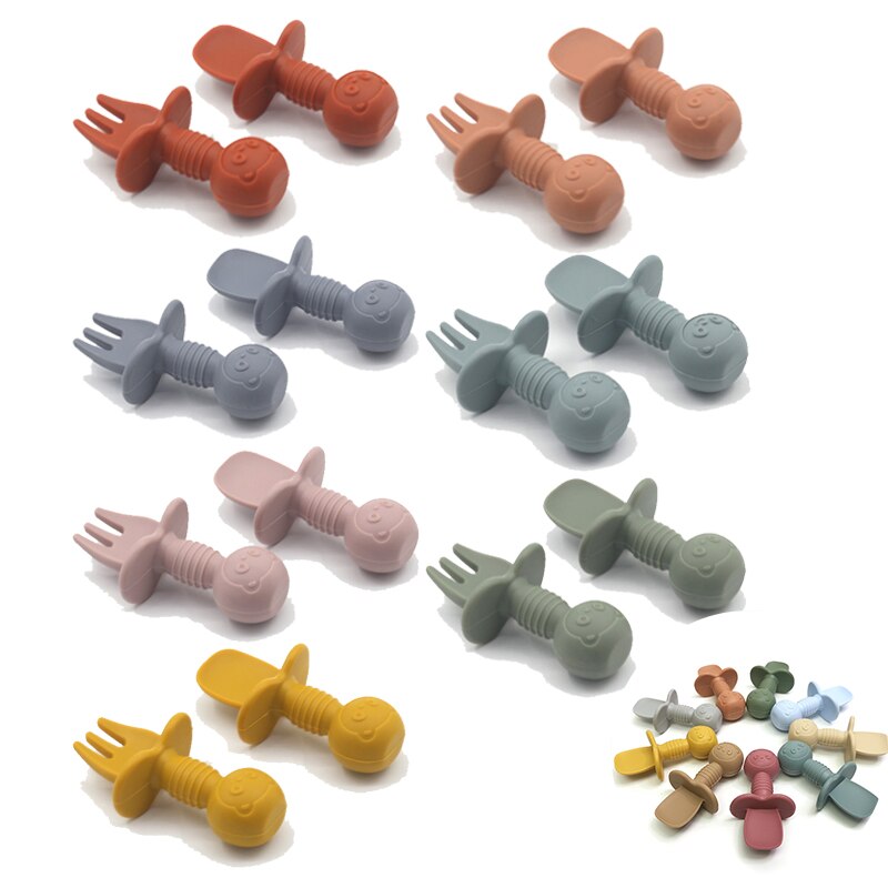 Juego de 2 unids/set de vajilla de silicona para bebé, utensilios de entrenamiento de autoalimentación, de fácil agarre, tenedores de mango corto