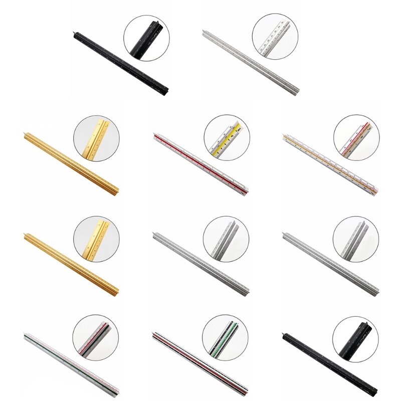 Architect Scale Ruler 12-Inch Color-Coded -Grade Aluminum Triangular Drafting Ruler for Architect Civil X3UE