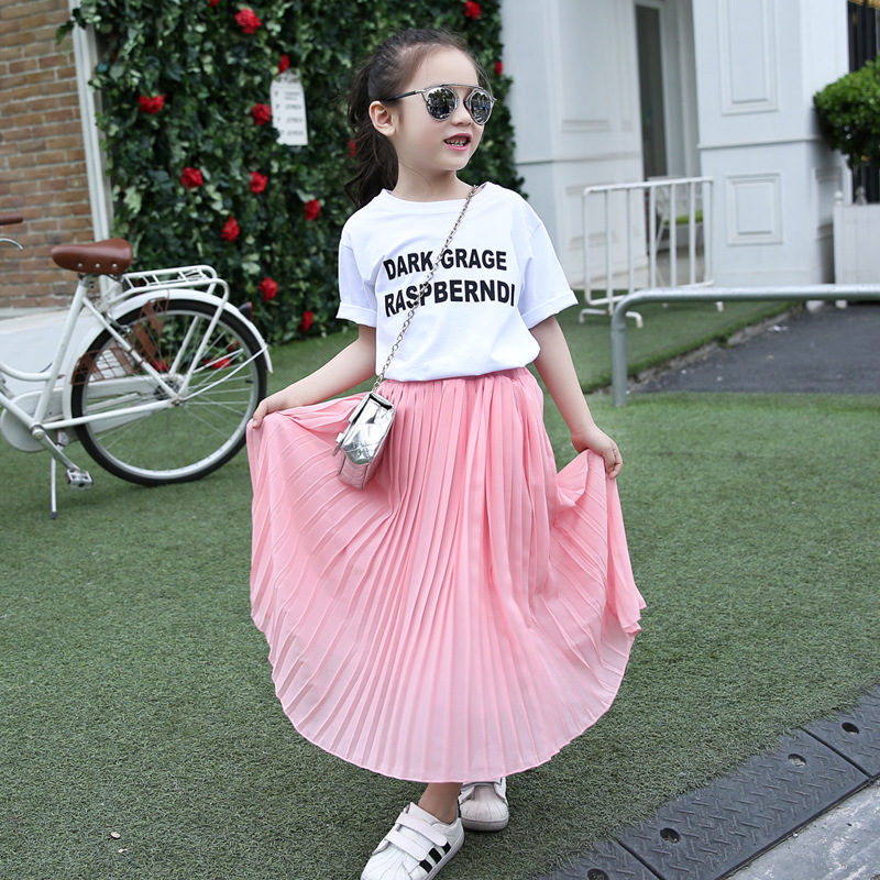 Piger lang nederdel børnetøj børn pink sorte plisserede nederdele teenagepiger nederdele sommer 8 10 12 14 16 år mor datter