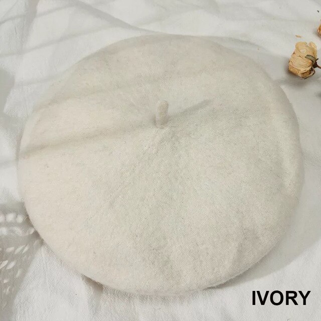 Vrouwen Meisje Beret Franse Kunstenaar Warme Wollen Winter Beanie Hat Cap Vintage Vlakte Baret Hoeden Effen Kleur Lady Winter caps: Ivory