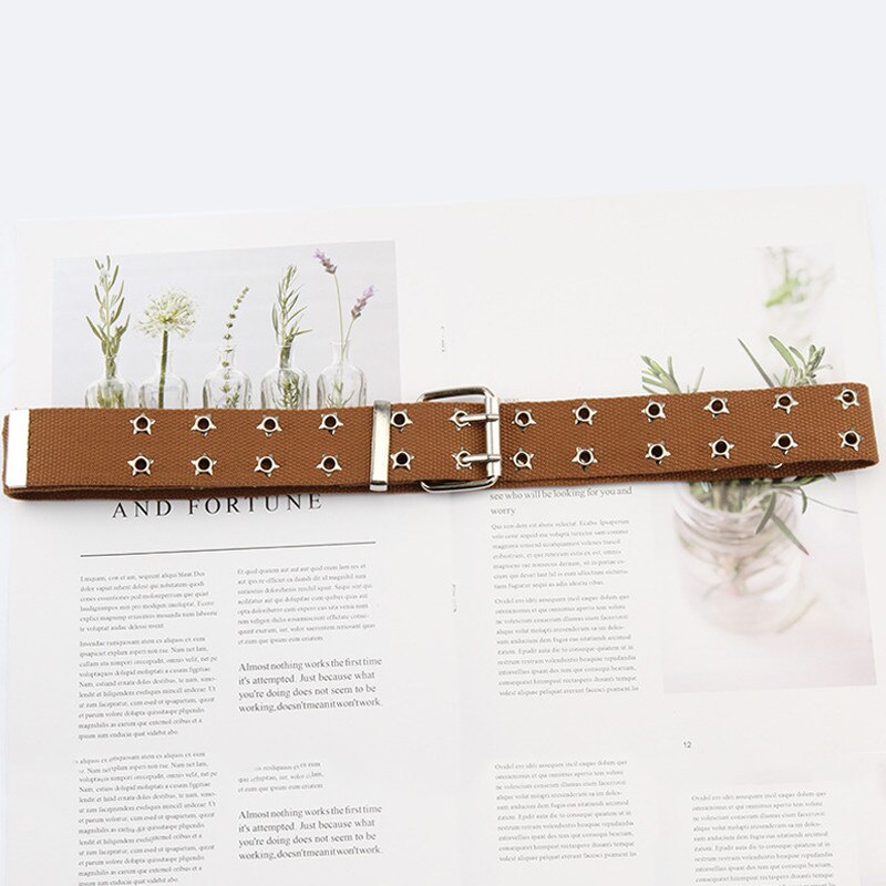Double Grommet Belt Canvas Belt Double star Hole Belt for Women Punk Rock Jeans Belt: brown