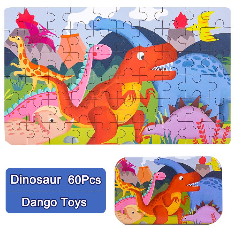 60 houten puzzels, cognitief educatief speelgoed voor kinderen met opbergruimte, blikken doos, kinderen, bezig met bord, houten speelgoed, kerstspelletjes: Dinosaurus