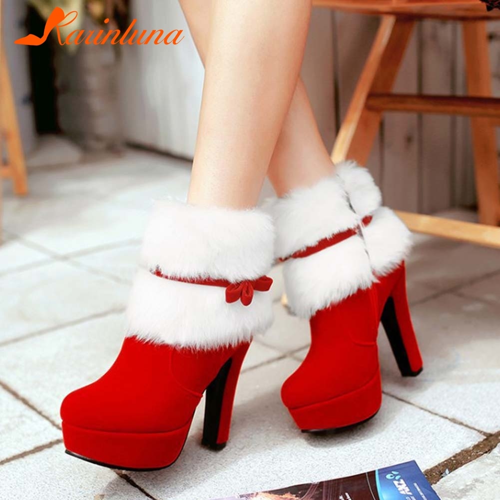 Nieuw Stijlvolle Vrouwelijke Schoenen Grote Maat 43 Platform Ronde Neus Korte Pluche Strik Ankel Spike Hakken Flock Sweet vrouwen Laarzen