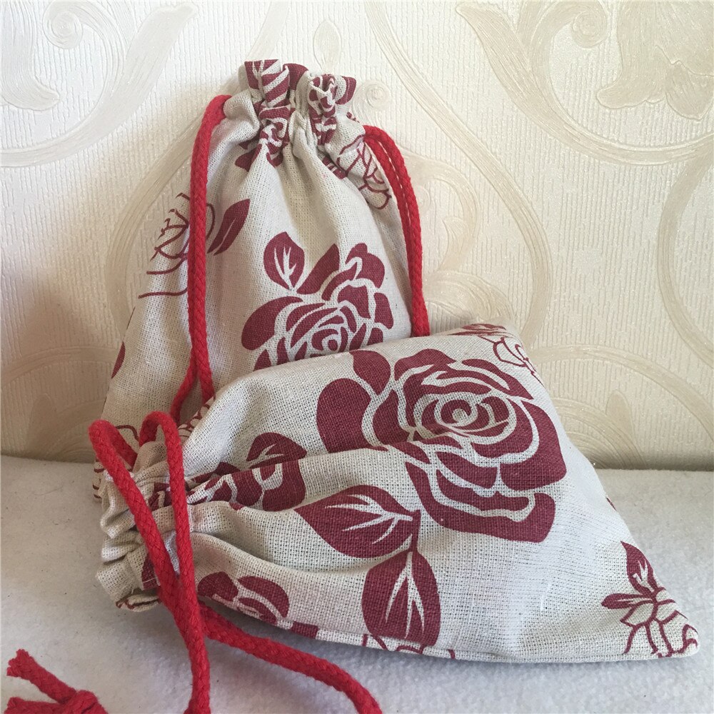 YILE Cotton Linen Drawstring Multi-purpose Pouch Party Bag Red Rose Flower Red String 8201c