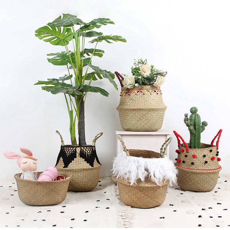 LuanQI Seagrass Wicker Work Rattan Storage Basket Planting Flower Pot Folding Clothes Laundry Basket Home Garden Belly Mimbre
