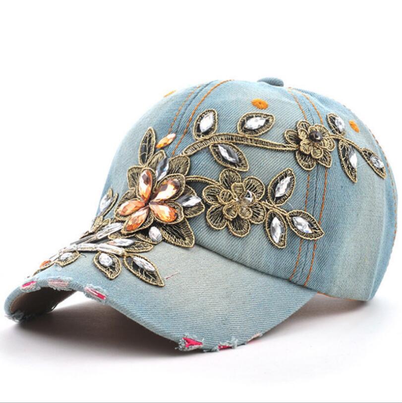 Frauen Baseball-Cap Diamant Malerei Stickerei Blume Denim Snapback Hüte Jeans Frau Weibliche Kappe Cowboy Sommer Sonnenhut