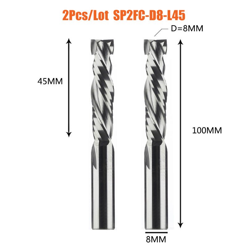 2PCS/LOT Compression Milling Cutter Woodwork UP&amp;DOWN Cut Two Flute Spiral Carbide Milling Tool CNC Router Bits Wood End Mill: 2PC-SP2FC-D8.0-L45
