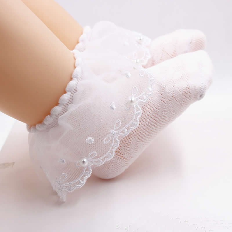 Bebé niña encaje Calcetines de encaje de princesa de algodón bebé calcetín Delgado niño corto de perlas de primavera y verano recién nacido bebé rosa blanco: White pearl / 5 to 7year