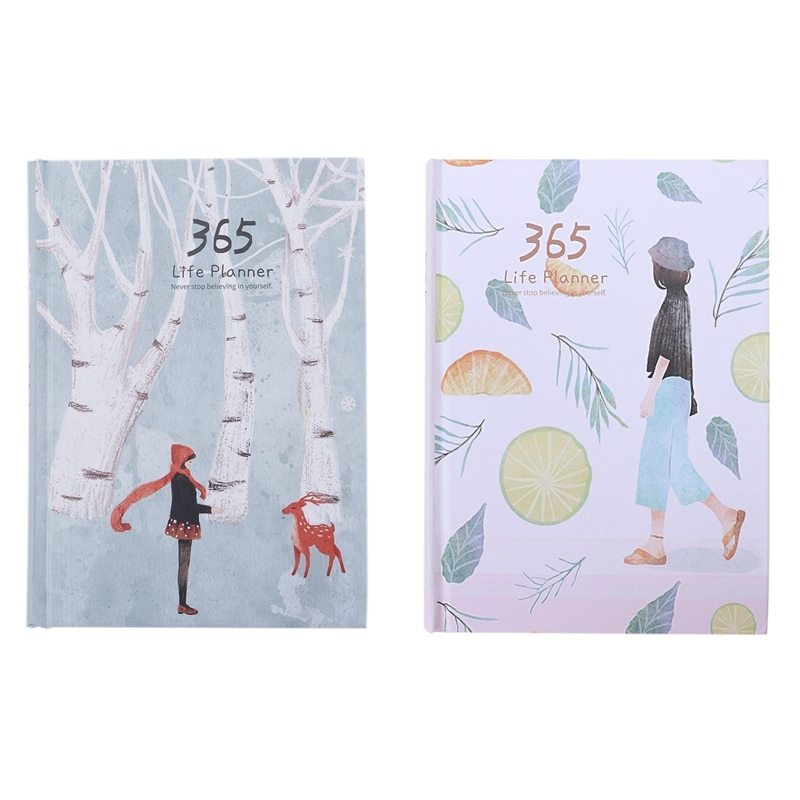 2Pcs Hardcover Year Plan Notebook 365 Days Inner Page Monthly Daily Planner Organizer Diary - Leaves + Lemon ,Multicolo