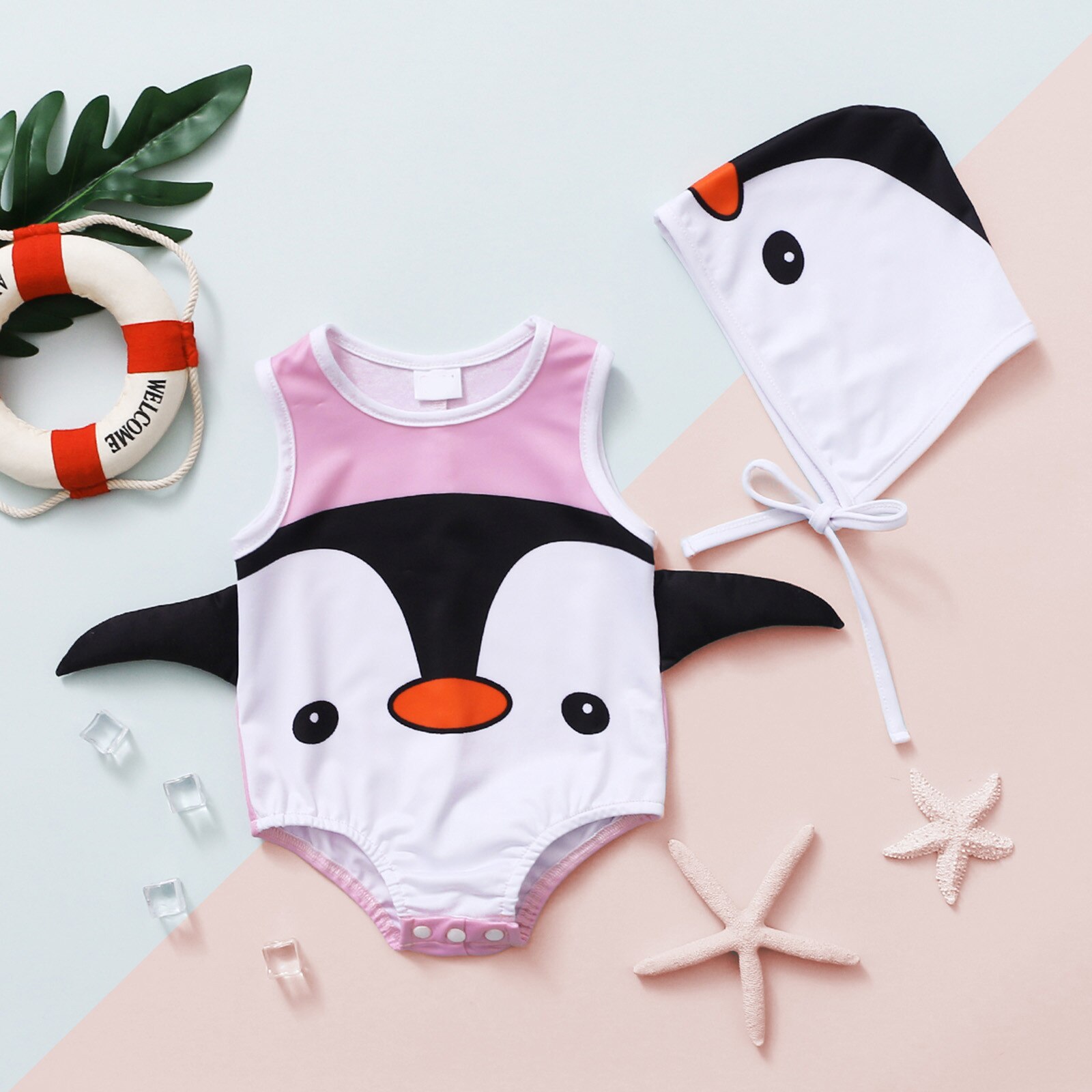 Peuter Baby Jongens Meisjes Een Stuk Cartoon Gedrukt Badpak Badmode + Hoed Купальник Детский Kinderen Zwemmen Kostuums Swimwears: Roze / 70