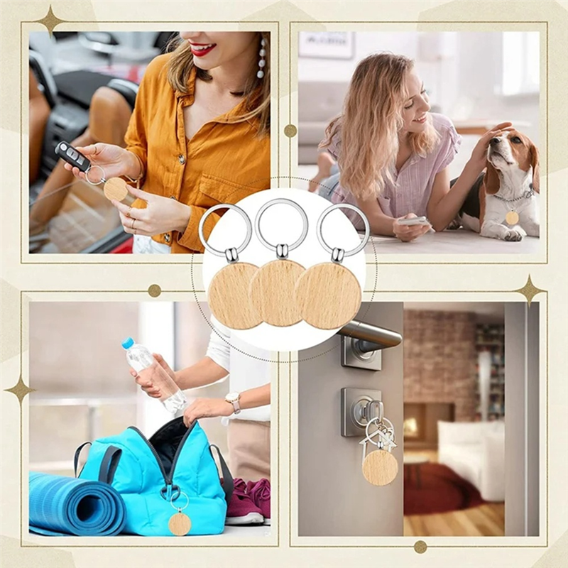 BHBD-60 Stuks blanco ronde houten sleutelhanger Diy houten sleutelhangers Key Tags kunnen diy graveren: Default Title