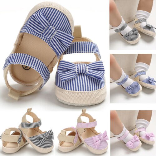 Toddler Newborn Baby Girl Soft Sole Crib Shoes Anti-slip Striped Bow Prewalker Sandals 0-18M