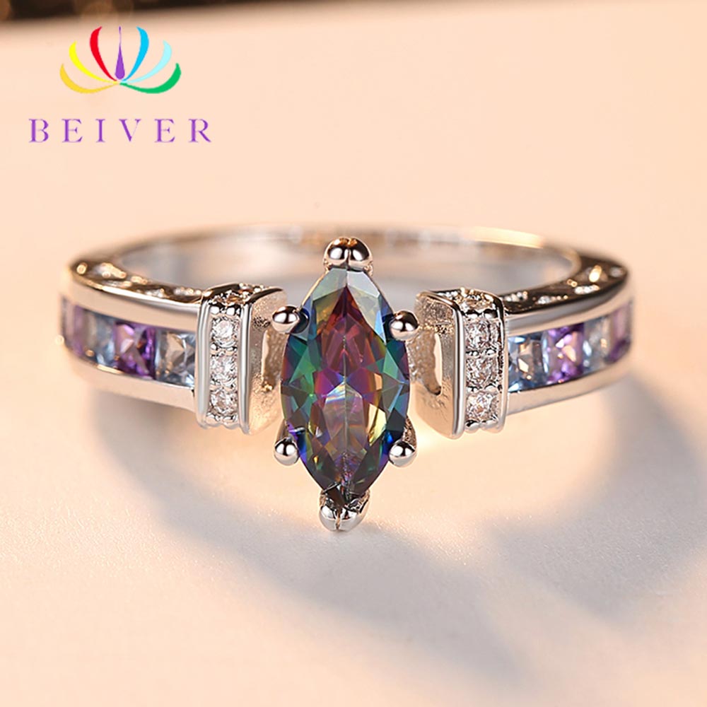 Uzver 2019 anéis de casamento femininos, preto branco cor dourada arco-íris zircônia oval promessa casamento joias para mulheres presentes