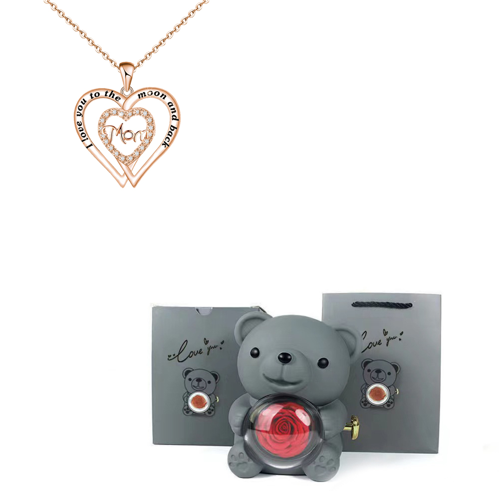 Collares con colgante de mamá de circón en forma de corazón con caja de de flor rosa de oso bonito adecuada para Navidad Día de la madre sorpresa romántica: Chapado en rodio