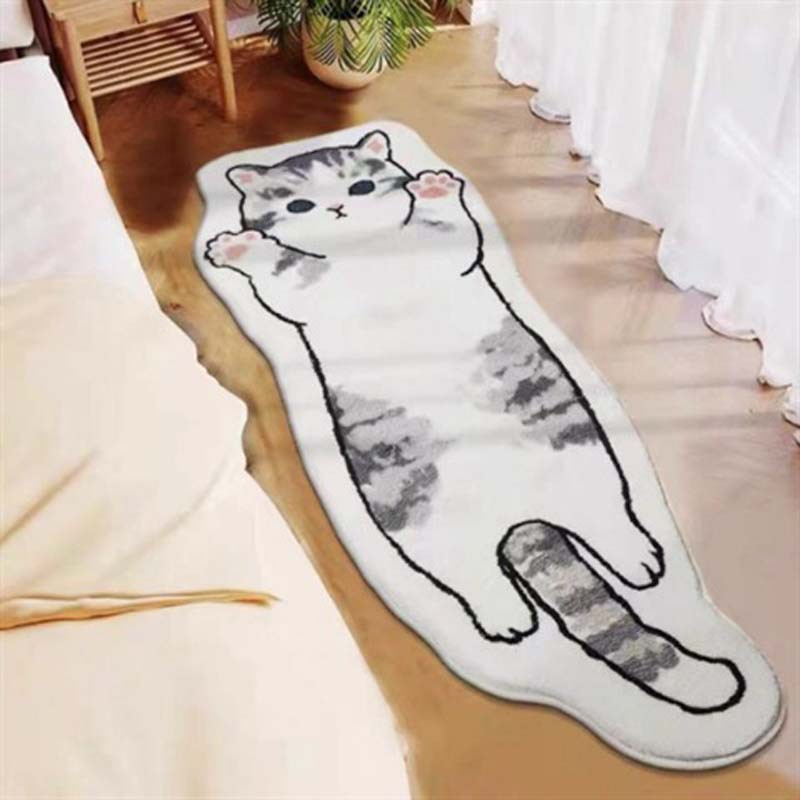 Cute Cat Faux Cashmere Bedside Carpet Cartoon Soft Anti-Slip Foot Rug for Bedroom Water Absorbing Wear-Resistant Home Floor Mat