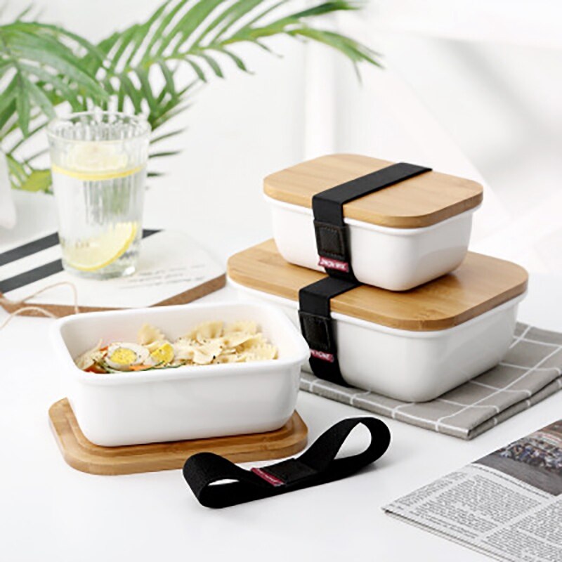 Fiambrera Microwavable de bambú de cerámica Bento caja de Aislamiento térmico de alimentos contenedor de almacenamiento Crisper