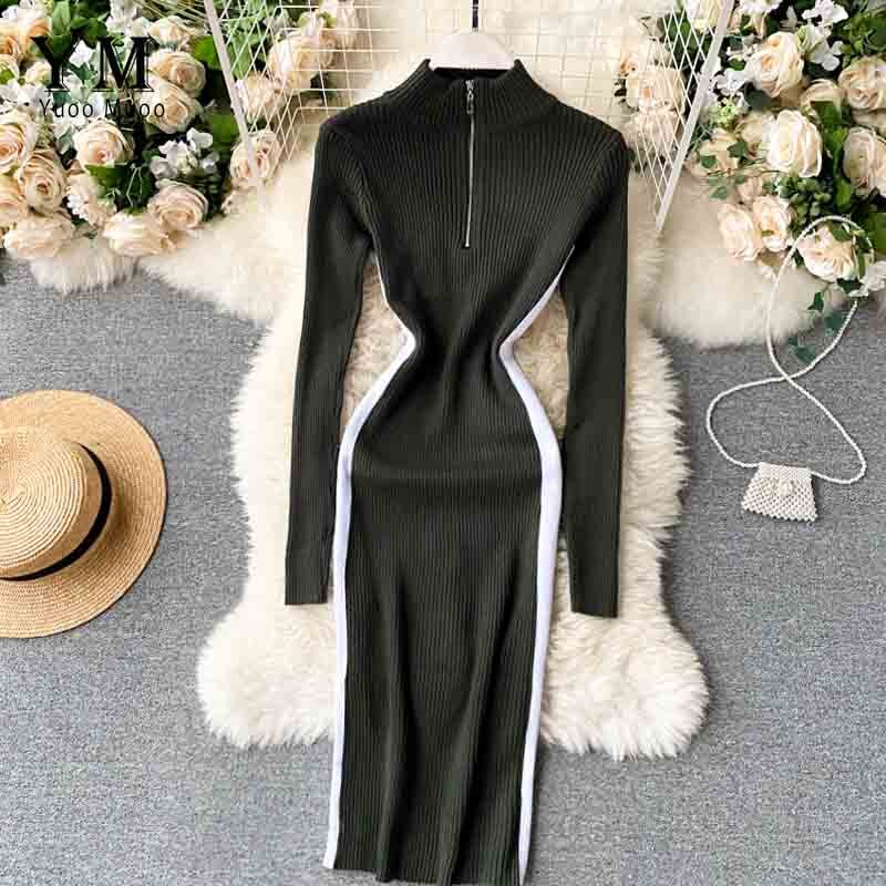 YuooMuoo Autumn Winter Women Sweater Dress Zipper Collar Long Sleeve Casual Knitted Bodycon Dress Slim Stretchy Ladies Dresses: Green
