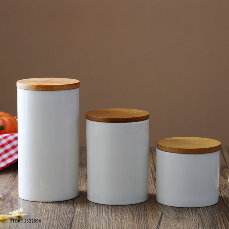 Recipiente de porcelana para el hogar, tarro de cerámica para almacenamiento de alimentos, contenedor autosellante, tapa de bambú hermética, tres tamaños para elegir