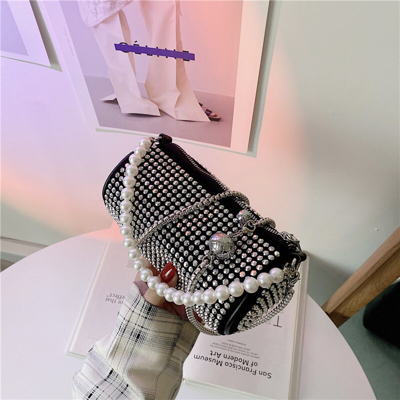 Summer And Autumn Bright Diamond Small Cylinder Bag Women's Bag Fresh Chain Messenger Bag: Silver