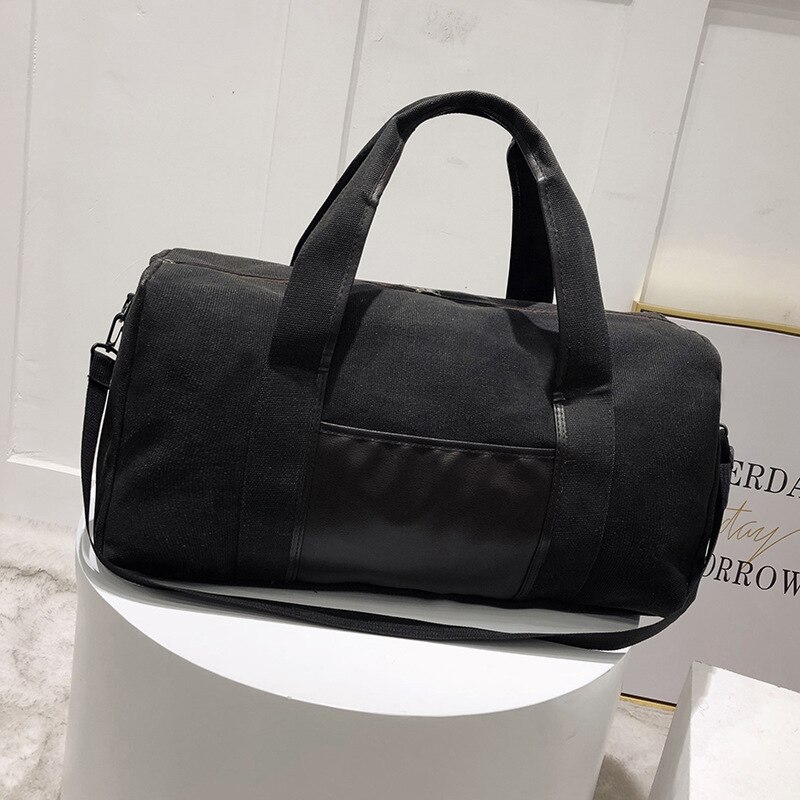 Men Canvas Simple Travel Luggage Handbags Women Solid Durable Duffel Shoulder Bags Female Crossbody Weekend Carry Organizer: Black