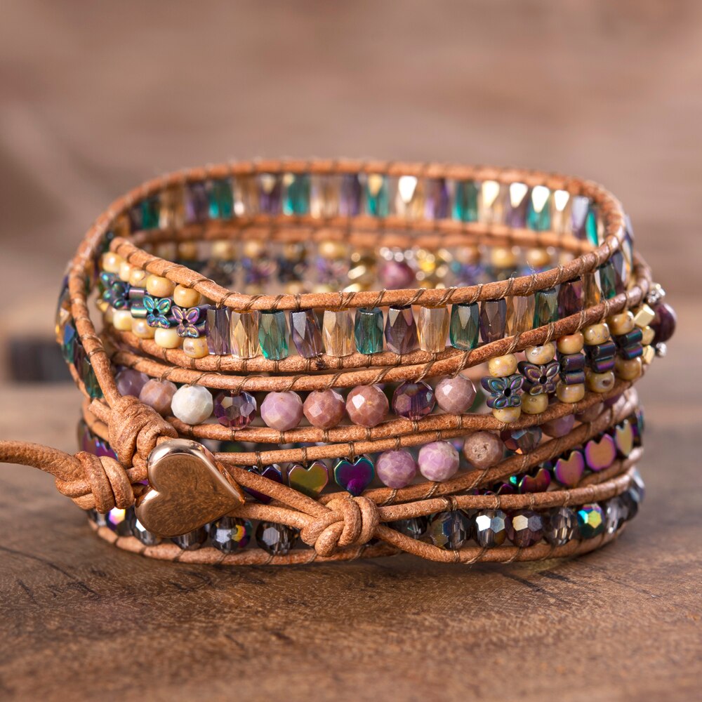Schmetterling Opal SchöNe Damen wickeln Armbänder Fünf Stränge Leder Handgemachte Steine Armreifen
