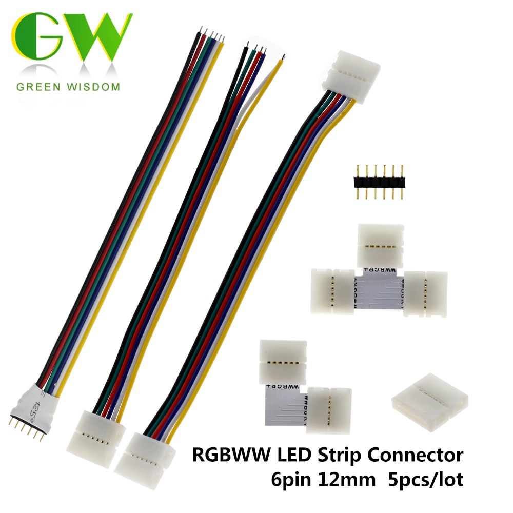 Rgbww Led Strip Connector 6pin 12Mm L Vorm/T Vorm Connector Voor Rgbcct Led Licht Strip Lassen connectors 5 Stks/partij.