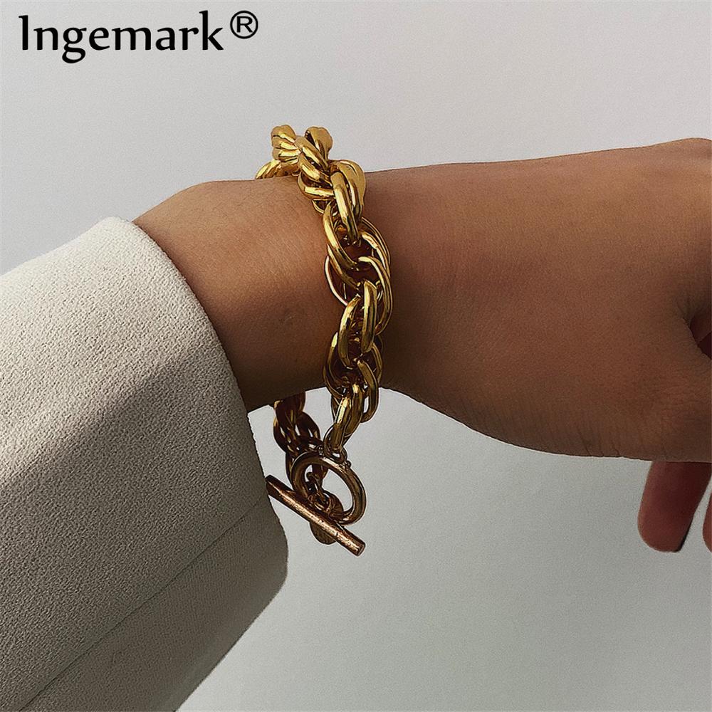 Ingemark Vintage Aluminum Chunky Chain Bracelet Bangle Women Men Armband Steampunk Lariat Lock Twisted Bracelets Couple Jewelry