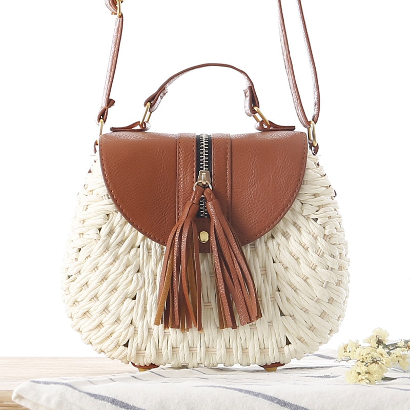 paper rope woven bag small fresh messenger straw bag beach vacation shoulder shoulder bag woven bag: White