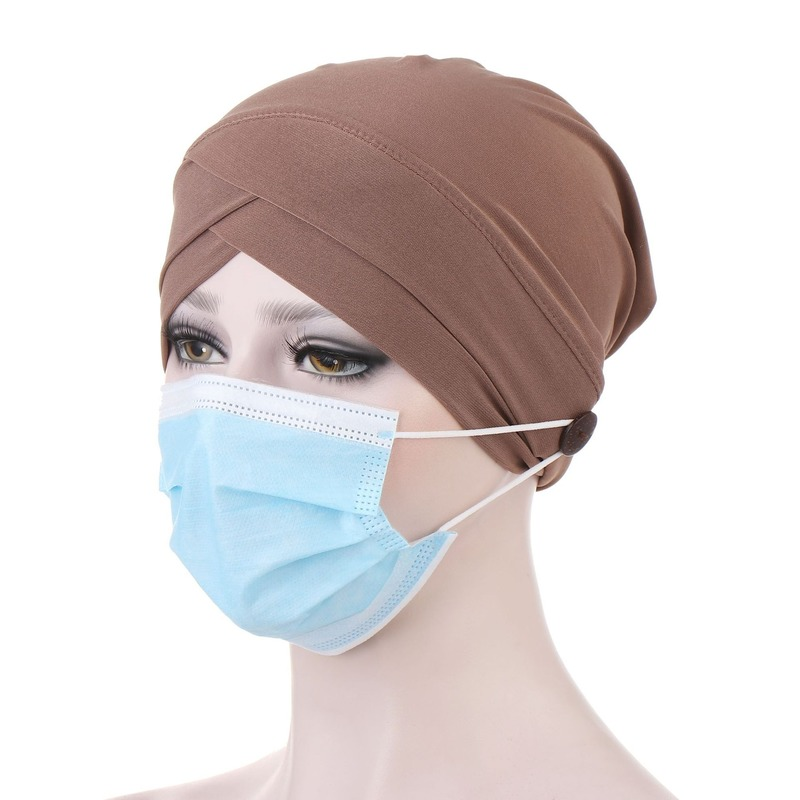 KepaHoo-turbante con botón para mujer, sombrero para envolver la cabeza, pañuelo para la cabeza, gorro interior, Hijab musulmán, gorros de quimio, Turbantes