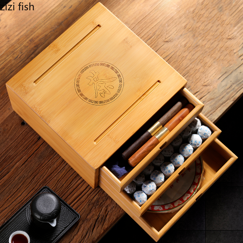 Bamboo Tea Box Tea Cake Storage Box Tea Organizer Tea Ceremony Accessories Tea Tray Drawer Organizer Storage Bin Bamboo Cabinet