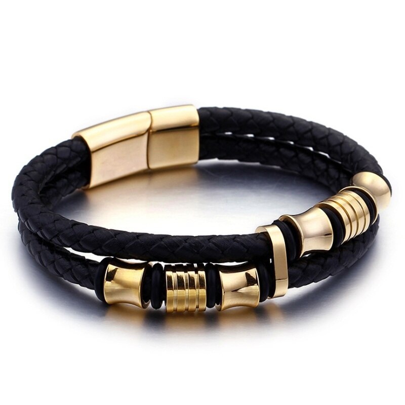 Klassieke Double Layer Zwart Lederen Armband Gold Metalen Magnetische Sluiting Mannen Mode Armband Sieraden: gold