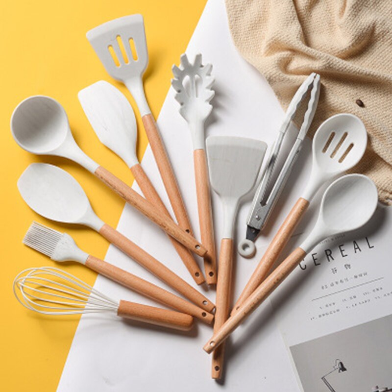 12/11PCS White Silicone Kitchenware Cooking Utensils Set Heat resistant Non-Stick Pan Cooking Spatula Spoon Wooden Handle