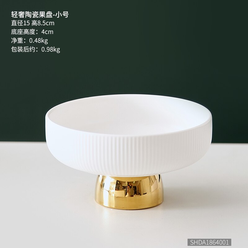 Luxury Ceramic Tall Fruit Snack Tray High-end White Vertical Pattern Candy Jewelry Cosmetics Storage Tray with Golden Base For: A-small