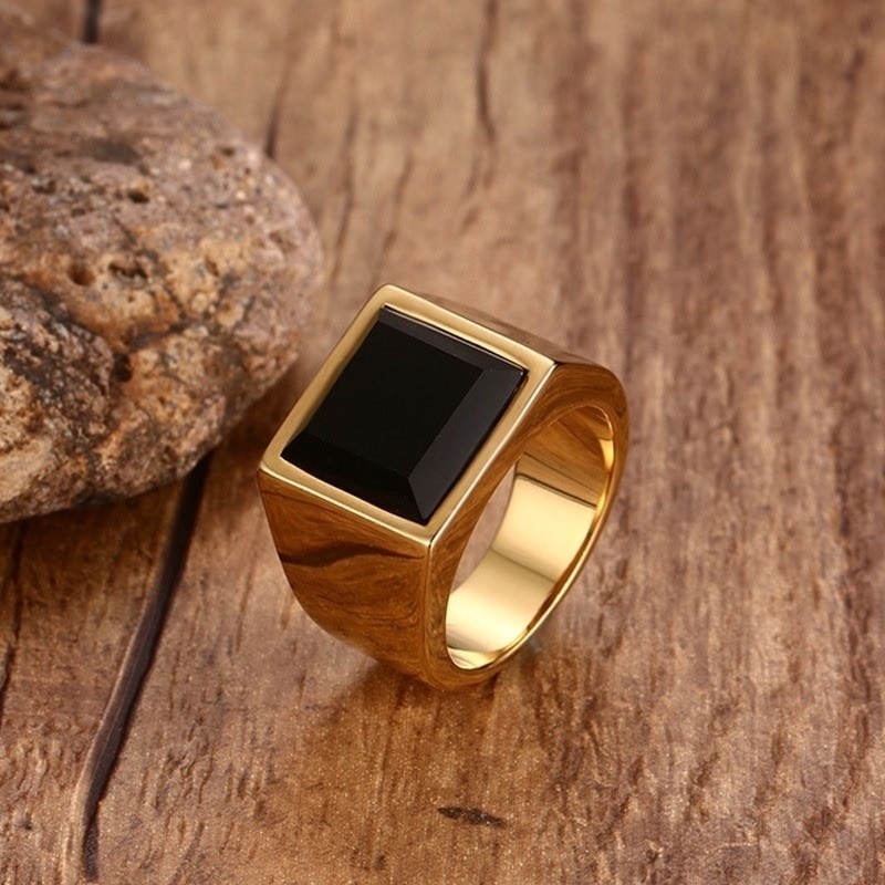 Anillos clásicos Punk cuadrado negro piedra Signet oro de acero inoxidable para para hombres