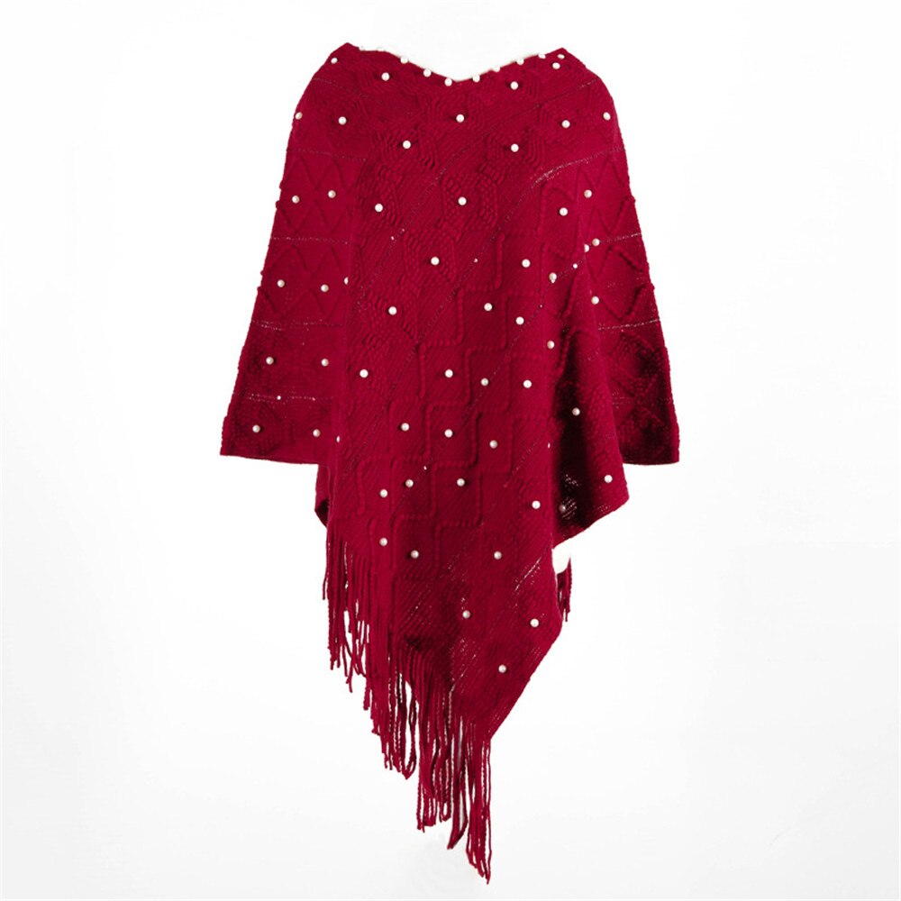 Chal blanco, prendas de vestir exteriores, suéter de punto con borla, capa holgada informal para mujeres, suéter, chal, Poncho de primavera Otoño, capa Irregular con dobladillo: Rojo
