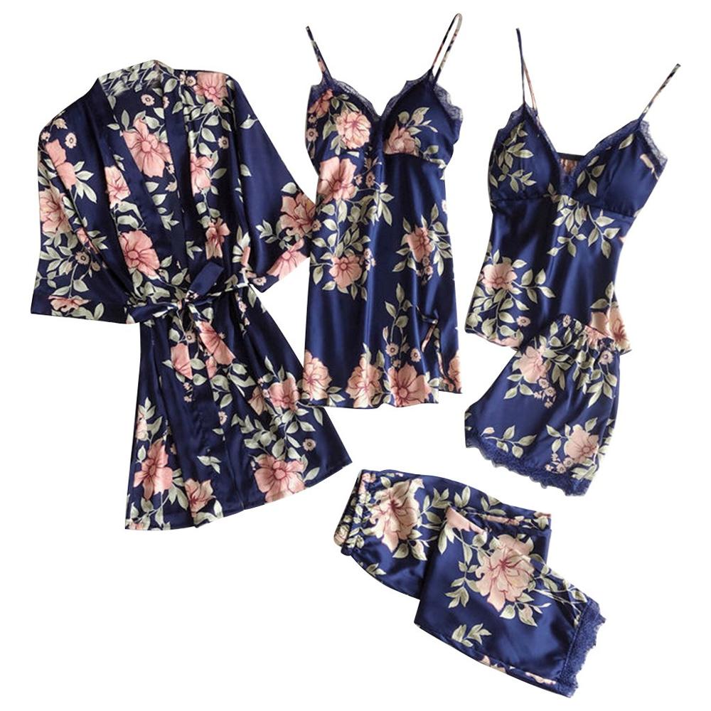 5pc sexede blonder kvinder pyjana natkjole satin morgenkåbe badekåbe bukser shorts lingeri sæt pyjamas plus size nattøj s -3xl: Blå / Xxl