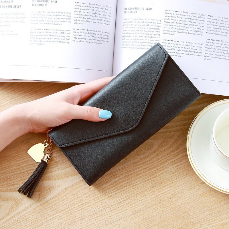 Korean Mori Ladies Thin Wallet Long Multi-function PU Wallet Simple Card Holder Zipper Buckle Coin Purse Clutch: Black A