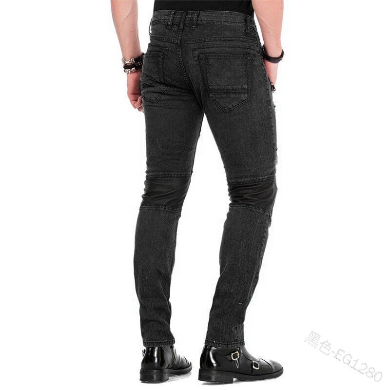 Wepbel punk vintage miehet laihat denim housut useat vetoketjulliset taskut tilkkutäkki rock roll farkut revitty letku denim pitkät housut: Musta / Xl