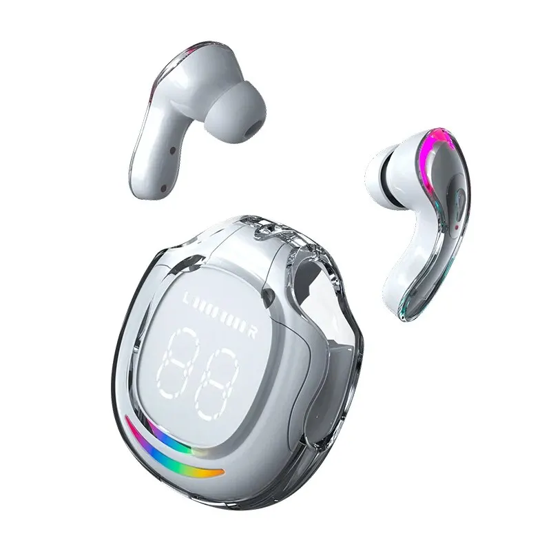 PRO T8 Wireless Bluetooth Headset Transparent ENC Headphones LED Power Digital Display Stereo Sound Earphones for Sports Working: WHITE