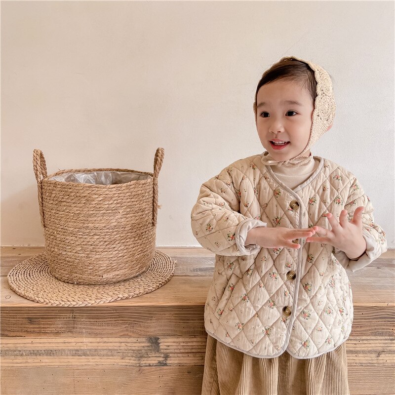 Nuovi vestiti per bambini in stile coreano invernale cappotti trapuntati per bambina stampati floreali addensare capispalla imbottiti in cotone per bambini caldi: beige / 6T