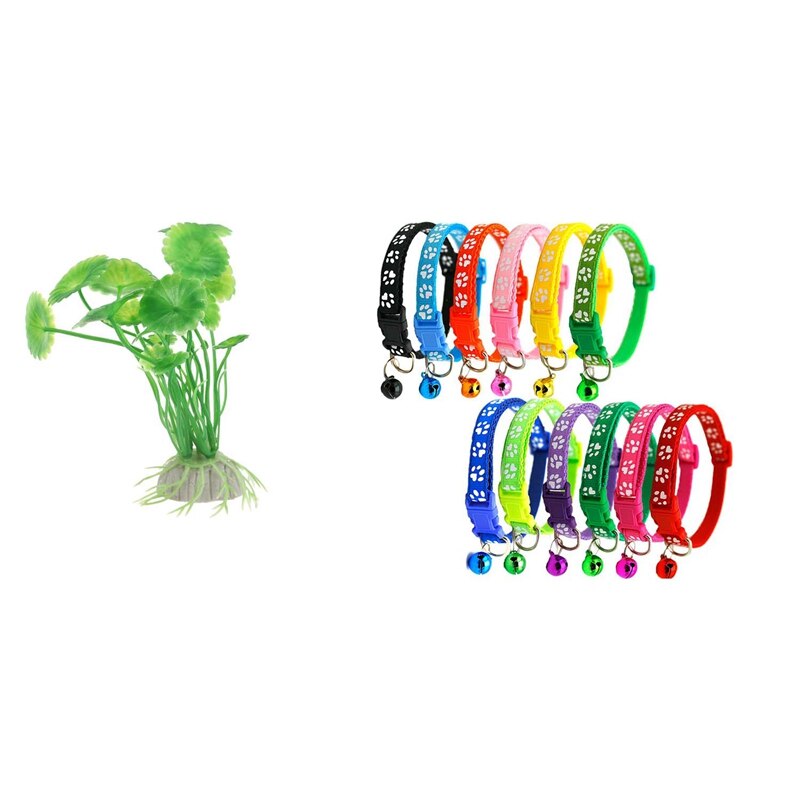 10 X Gemengde Kunstmatige Aquarium Fish Tank Water Plant Plastic Decoratie Ornament Met 12 X Kat Kraag En Bel