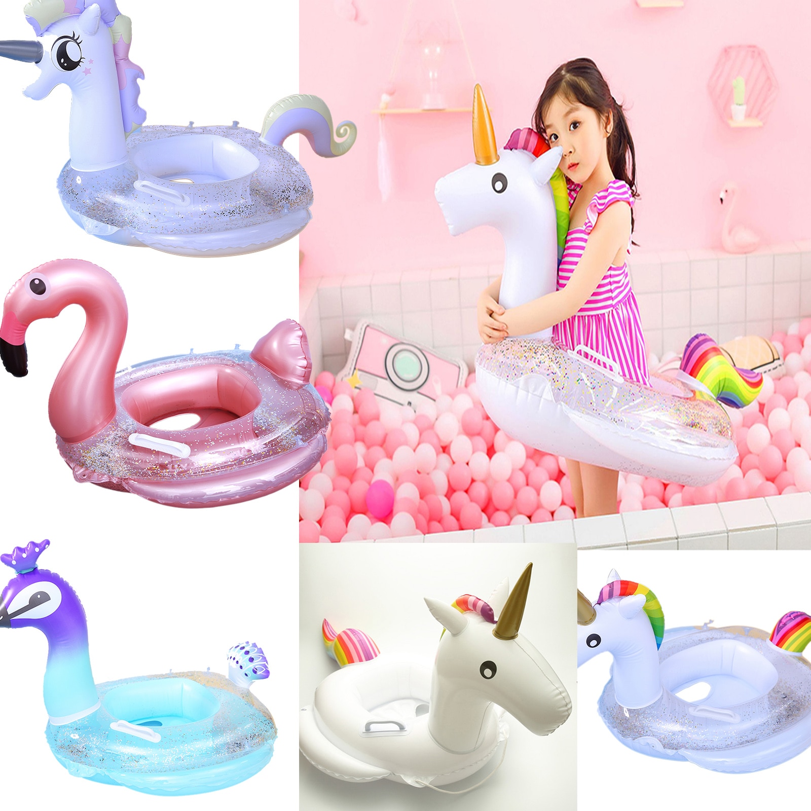 Uppblåsbar cirkel baby flamingo flyta simring uppblåsbar enhörning pool flyta barnstol luftmadrass vatten leksaker