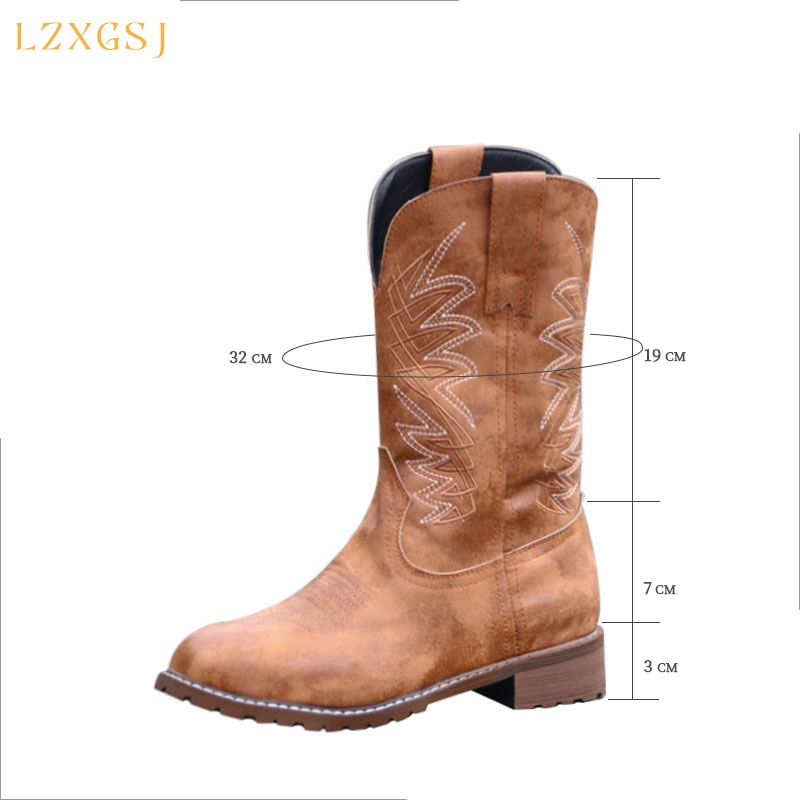 Bottes Western Vintage pour femmes, chaussures brodées à bout rond et talons épais, bottes de Cowboy marron, automne