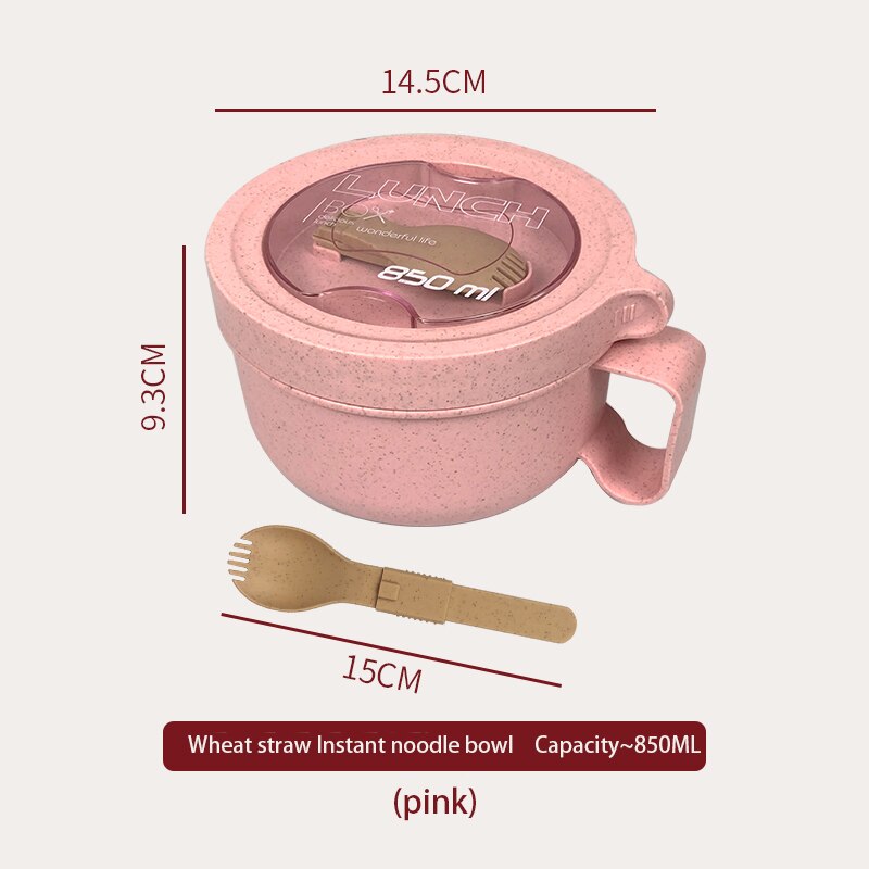Vetehalm mikrovågsugn snabbnudelskål med lock sovsal japansk stil kontorsarbetare student ramen skål handtag servisset: 1- rosa 850ml
