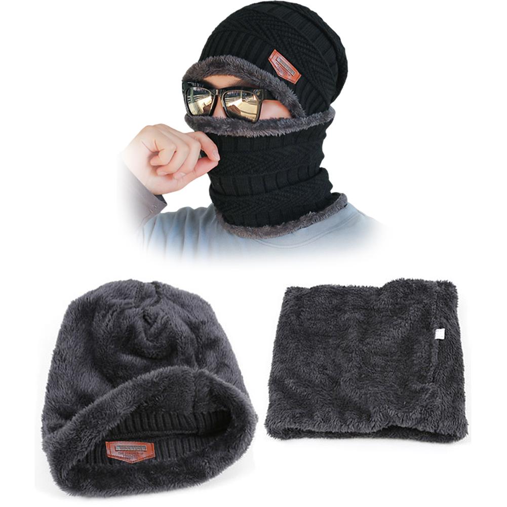 Winddichte gebreide muts/sjaalset voor heren in de winter, warme, dikke fleece muts/sjaalset, effen gebreide skimuts/ringsjaal